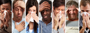 Das Titelbild zeigt eine Reihe Unterschiedlicher Menschen, die Symptome wie Schnupfen, allergieartige, Kopfschmerzen und laufende Nasen zeigen.